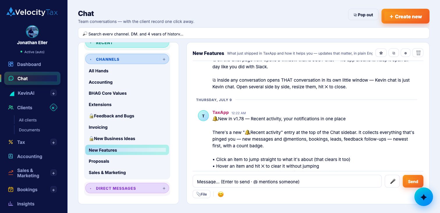 TaxApp team chat — the client record one click away