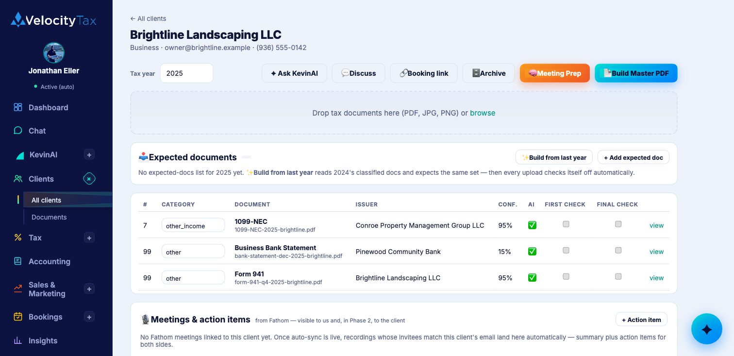 TaxApp documents view — AI-classified client documents with confidence scores for human review