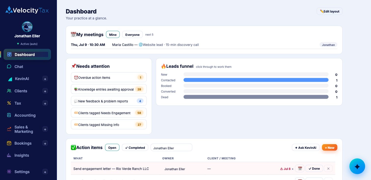 TaxApp dashboard — meetings, leads, and action items for the whole practice at a glance